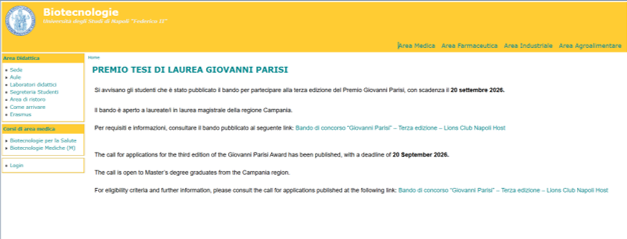 Biotecnologie, Federico II – PREMIO TESI DI LAUREA GIOVANNI PARISI